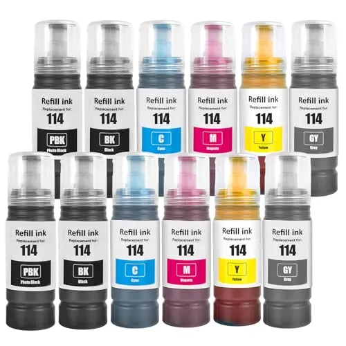 SHUOLEI 114 Tinte Kompatibel mit Epson 114 Tintenpatronen Nachfülltinte Multipack, für ET-8500 ET-8550 (12-Pack, 2 Schwarze/2 Foto Schwarze/2 Cyan/2 Magenta/2 Gelb/2 Grau)