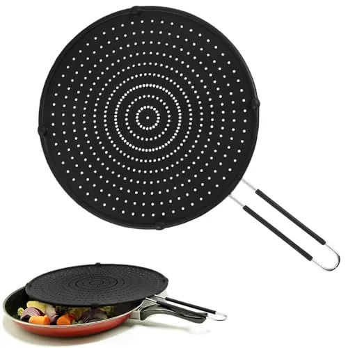 katmerio Silikon Spritzschutz für Bratpfanne, 32cm Fettspritzern für Pfanne, Pfannen Spritzschutz mit Klappbarem Griff, Universal Pfannenspritzschutz, geeignet zum Kochen und Braten, Schwarz