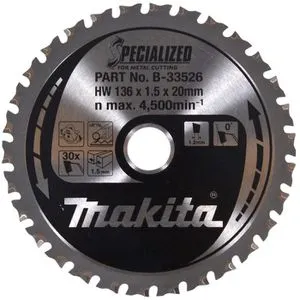 Makita Kreissägeblatt B-33526, 30 Zähne für Metall - Kreissägeblätter, Spezialisiert auf Metallbearbeitung mit 30 Zähnen und präziser Schneidbreite von 1,5 mm für saubere Schnitte.
