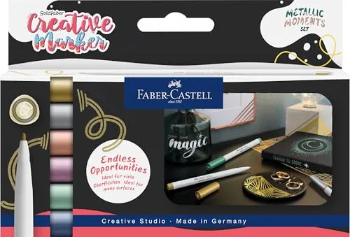 Faber-Castell 161107 - Goldfaber Creative Marker Set, 6 Filzstifte, wasserfeste Stifte 1,5 mm Strichstärke, Set Metallic Moments