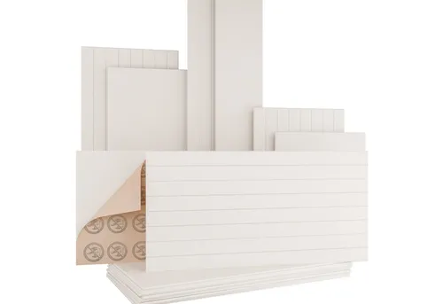 Akustikpaneel 120x60cm (Warmweiß Lamellen) - Selbstklebend und Schwerentflammbar - Selbstklebendes Akustikpaneel (0.72m²) mit V-Groove Oberfläche, 9mm dick und schwerentflammbar (B-s1-d0). Ideal für Wand- und Deckenverkleidungen in Wohn- und Geschäftsräumen. Einfache Installation ohne Werkzeug!