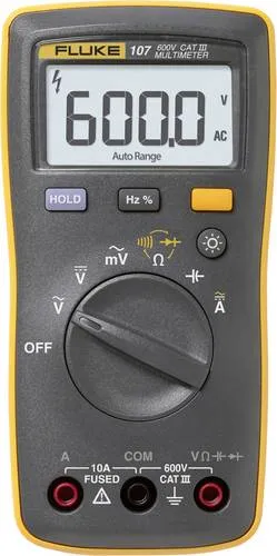 FLUKE 107 - Digital Multimeter 6000 Counts - Kompaktes Digitalmultimeter für einfache Bedienung und tägliche Fehlersuche, CAT III 600 V, robust und leicht, ideal für Schnelltests und Erstdiagnosen.
