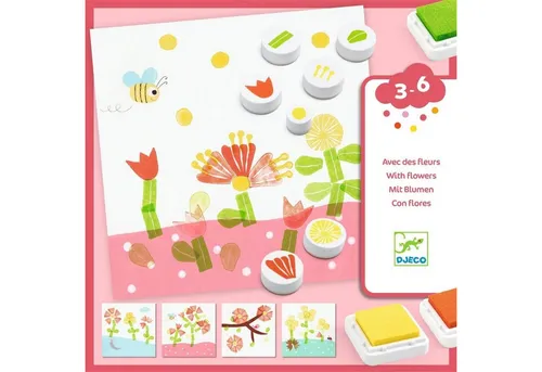 DJECO Kreativset Stempelset mit 3 großen Stempelkissen und 7 Stempeln - Kreativset für Kinder ab 3 Jahren, fördert die Fantasie mit 7 dicken Stempeln und 3 auswaschbaren Stempelfarben für kreative Bastelprojekte.