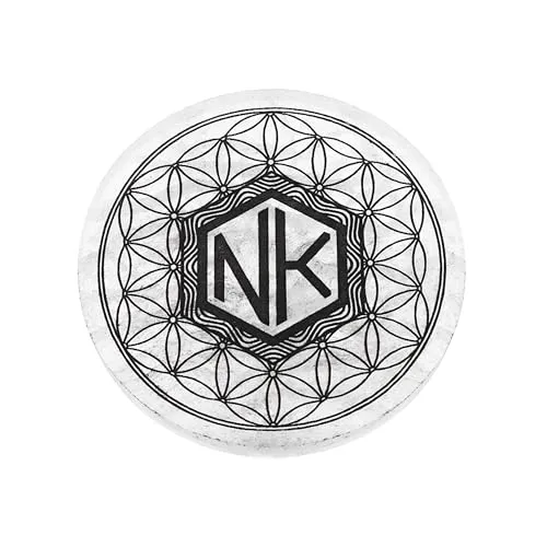 NKlaus Selenit Aufladeplatte Ø12cm – Lebensblume schwarze Gravur, spirituelle Unterlage zum Aufladen von Kristallen, Schmuck & Heilsteinen