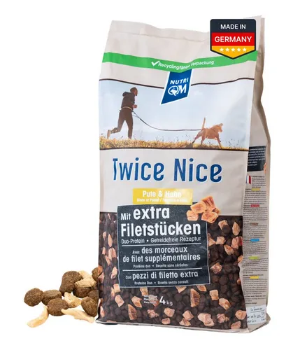 NutriQM Trockenfutter Twice Nice Adult Pute & Huhn - Premium getreidefreies Hundefutter mit 520 g frischen Filetwürfeln pro Kilo, ideal für empfindliche Verdauung und gesunde Haut, gefüllt mit Superfoods und Omega-Fettsäuren.