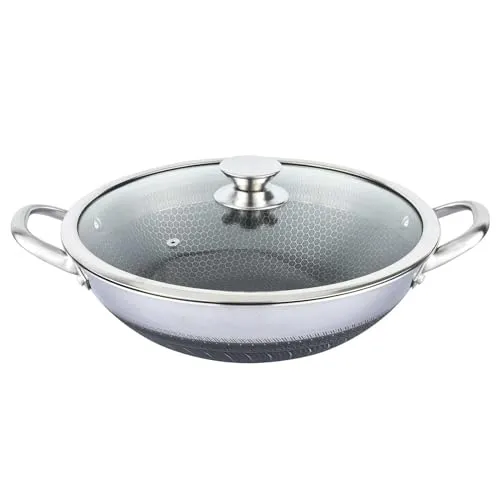 4BIG.fun Wok Bratpfanne aus Edelstahl 40 cm Antihaft Wabenstruktur Wokpfanne mit Glasdeckel Asia Schmortopf ofenfest Induktion