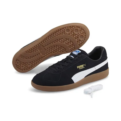Puma Hallen-Indoorschuhe Handball Wildleder schwarz Herren 44,5 - Sneaker mit leichter Wildleder-Oberkonstruktion, optimiert für Stabilität und Flexibilität – ideal für Handball-Torhüter und stilbewusste Spieler.
