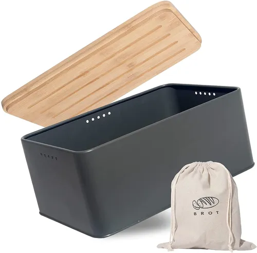 Theo&Cleo Brotkasten mit Schneidebrett, 33x21x15cm, Matte Brotbox mit Holzdeckel und Leinen Brotbeutel, Rundum Belüftung, Brotkorb für langanhaltende Frische Grau