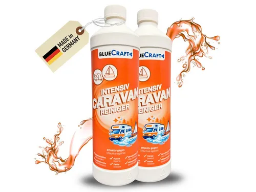 BlueCraft Caravan Intensiv Reiniger - Starkes Konzentrat für effektive Außen- und Innenreinigung - Der BlueCraft Caravan Intensiv Reiniger ist ideal für Wohnwagen und Boote. Mit nur 2x 1 L Konzentrat erzielen Sie bis zu 42 L Reinigungslösung, die hartnäckige Verschmutzungen mühelos entfernt – für strahlende Sauberkeit ohne Streifen.