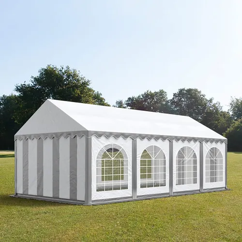 TOOLPORT PRO 4x8m Partyzelt - Wetterfest und Stabil für jede Feier - Pavillon mit 4x8m Fläche, PVC-Plane, grau-weiß, mit robustem Bodenrahmen. Ideal für Gastronomie und Hochzeiten, bietet es witterungsfesten Schutz und hohe Standfestigkeit.