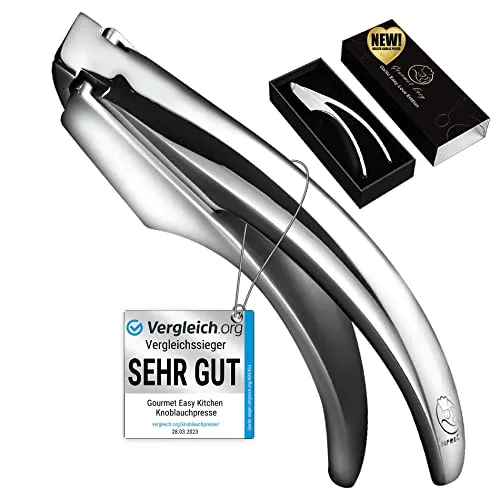Gourmet Easy Knoblauchpresse Edelstahl - Grobes Knoblauchhack in Herzform - Knoblauchpressen, keine Schälen notwendig - leicht zu reinigen und mit 5 Jahren Garantie. Ideal für müheloses Zerkleinern von Knoblauch und Ingwer.