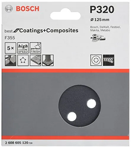 Bosch 5x PRO Plastic and Hard Stone F355 Schleifscheibe (für Beton, Harter Stein, Ø mm, Körnung 320, Professional Zubehör Exzenterschleifer)