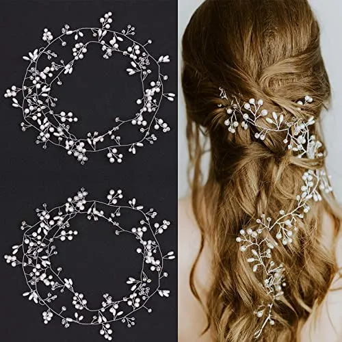 TSHAOUN 2 Stück Brautschmuck Perle und Kristall Perlen Brautschmuck Haarschmuck Vine Hochzeit Head Stück, Haarschmuck, Strass Kopfschmuck Für Damen Mädchen Brautjungfern Abschlussball (50cm,Silber)