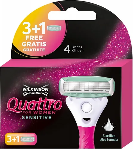 Wilkinson Quattro for Women Rasierklingen, 4er Pack - Rasierklingen für Frauen mit 4-fach Klingen für eine gründliche Rasur. Der Feuchtigkeitsstreifen mit Aloe Vera und Vitamin E sorgt für sanfte Hautpflege.