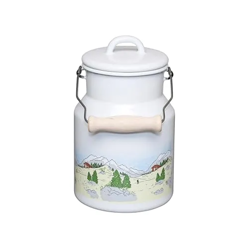 Riess Milchkanne 1,5L mit Emaille Deckel und Holzgriff - Geschirr: Praktische 1,5L Milchkanne aus robustem Emaille, ideal für den Kühlschrank und mit schönem Berglandschaftsdesign.