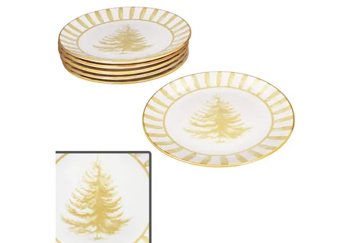 MamboCat Speiseteller 6x Wald Ocker - Festliches Geschirr für 6 Personen - Speiseteller aus robustem Steingut mit filigranem Tannenbaum-Dekor, ideal für ein festliches Weihnachtsessen. Spülmaschinen- und mikrowellengeeignet, perfekt für alle Anlässe!