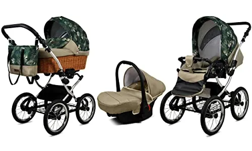 BabyLux Kinderwagen 3in1 mit Autositz für Kleinkinder – Kinderwagen für Neugeborene und Kleinkinder –– Baby Neugeborenen Kinderwagen – 59x105x125cm – Max 15kg – Fern Leaf Silver Frame