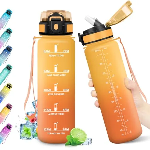 Trinkflasche Sport 1L, Auslaufsicher, Wasserflasche mit Strohhalm, Trinkflasche mit Zeitmarkierung, Wasserflasche Kohlensäure Geeignet, BPA-frei, Sportflasche für Fitness, Gym, Fahrrad, Yoga