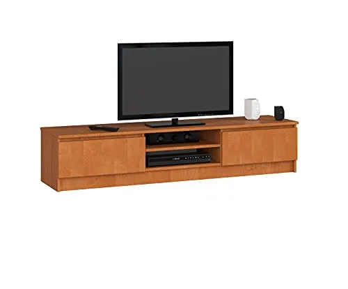 AKORD Low Board K-160 | TV-Shrank mit EIN offenes Regalfach | Fernsehkommode 2 Ablagen mit Klapptüren Links und rechts | H33 x B160 x T40 cm | Gewicht 30 kg | Farbe Erle