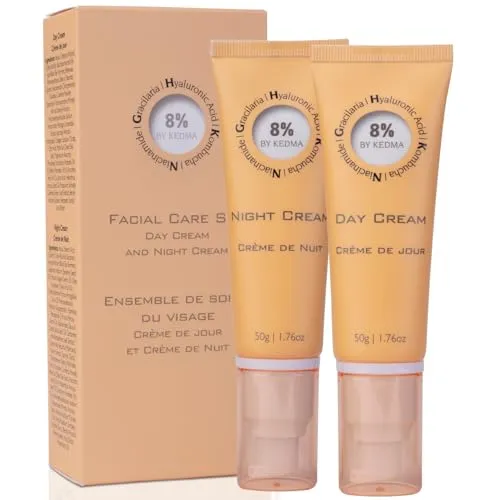 8% - Set für feuchtigkeitsspendende Tages- und Nachtcreme - Hyaluronsäure, Kollagen und Kombucha - Anti-Aging und Strahlkraft - Für alle Hauttypen - Ohne Parabene, Sulfate oder Silikone - 2x50g