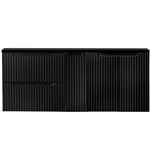 Lomadox Waschbeckenschrank NEWPORT-56-BLACK 140cm - Waschbeckenunterschrank in elegantem Schwarz mit griffloser, gerillter Front. Ideal für kleine Badezimmer dank platzsparendem Design und hochwertiger Verarbeitung.