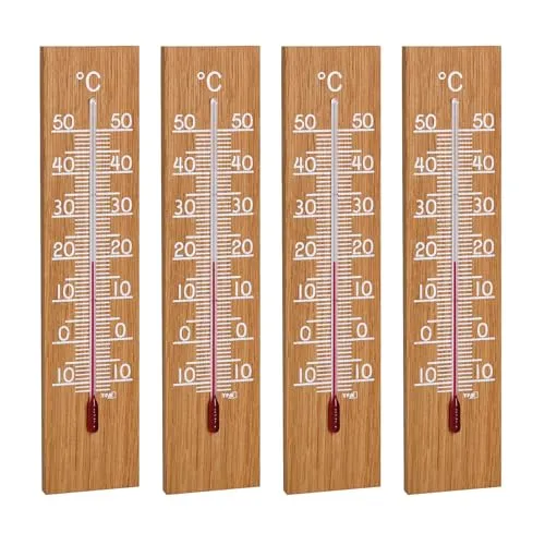 TFA Dostmann 4er Set Thermometer Innen Außen analog, 95.1035 - Praktisches 4er Set aus analogen Holzthermometern zur präzisen Temperaturüberwachung in Innen- und Außenbereichen. Hergestellt aus geölter Eiche, ideal für stilvolle Wohnräume und Gärten.