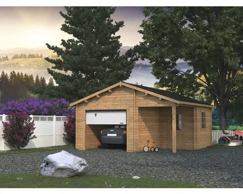 Einzelgarage Palmako Roger 21,9+5,2 m² mit Sektionaltor - Robuste Holzgarage mit Satteldach, ideal zum Schutz Ihres Fahrzeugs und zusätzlichem Stauraum. Perfekt für Garten und Carport.
