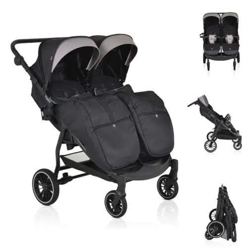 Moni Zwillingskinderwagen TwinGo - Komfortabler Kinderwagen für Geschwister - Zwillingskinderwagen mit Getränkehalter, Fußabdeckung und Hinterradbremse, bietet höchsten Komfort und Sicherheit für Ihre Kinder bei jedem Ausflug.