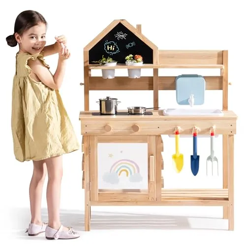 ROBUD Matschküche für Kinder Outdoor, Kinderküche Holz mit Echtem Wasserhahn & Wassertank, Gartengeräten, Herd, Töpfen, Tafel, Spielküche für Kinder ab 3 Jahren, Geschenkidee für Mädchen Jungen