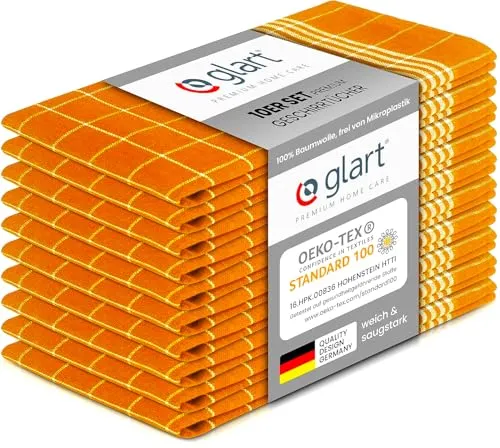 Glart 48YI2 10er Set Küchentücher 50x70 cm aus 100% Baumwolle in gelb, OEKO-TEX Standard 100 zertifiziert, fusselfrei, waschbar, vorgewaschen für die Küche und Abwasch