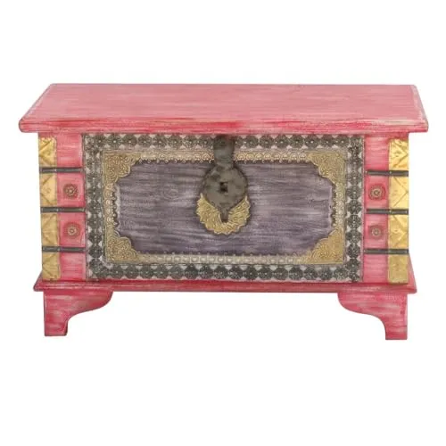 Oriental Galerie Shabby Chic Holztruhe mit Messingbeschlag Schatztruhe Truhe Kiste Box Holz Indien Massiv Antik-Optik Rot 80 cm