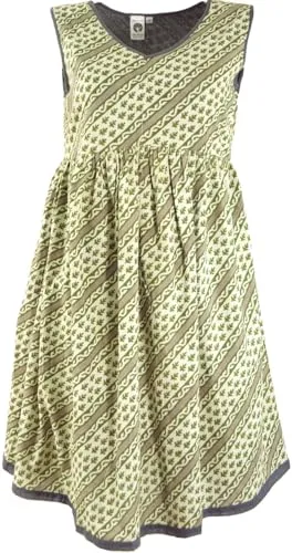 GURU SHOP Boho Minikleid - Moosgrün/Beige, Damen, Größe L - Luftiges Boho Tunikakleid aus leichter Baumwolle, das figurschmeichelnd geschnitten ist. Jedes Kleid ist ein einzigartiges Unikat, handbedruckt mit traditionellem Blockdruckverfahren.