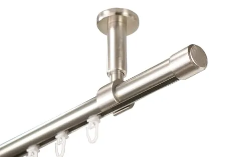 iso-design Gardinenstange Innenlauf zur Deckenmontage 20 mm Durchmesser in Farbe Edelstahl, Endstück Kappe, 200 cm