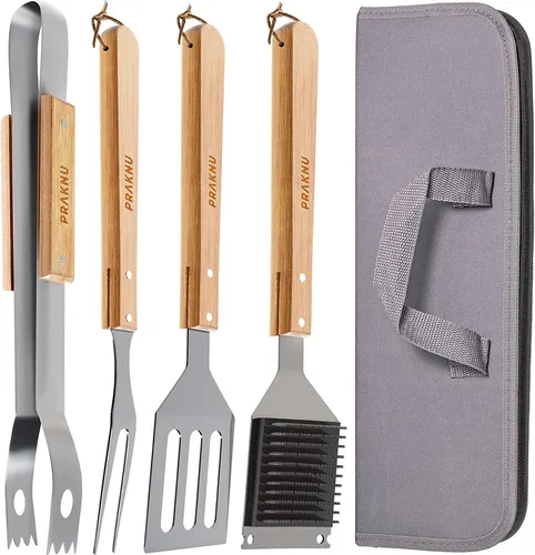 Grillbesteck aus Holz mit Tragetasche Set Zubehör Zange Bürste BBQ Geschenk Mann