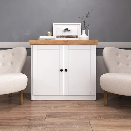 Homestyle4u 2230 Kommode Sideboard Eiche Matt Weiß - Moderne Kommode im skandinavischen Look mit viel Stauraum durch 2 Türen und 2 Ablagefächer. Robustes MDF-Holz und elegante goldfarbene Oberplatte überzeugen in jedem Wohnraum.