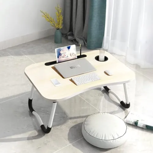Laptoptisch, Betttablett, Laptop Betttisch Klappbar Tragbar, Frühstücksbrett NotebookTisch, Getränkehalter, Büchertablett, PAD Ständet, für Wohnzimmer Büro und Unterwegs Sofa Boden|60 x 40 cm, Weiß