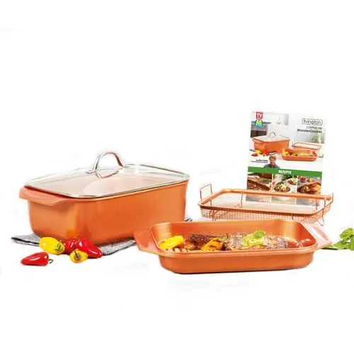 LIVINGTON Bräter Cooperline Wonder Cooker - 5-teiliges Aluminium-Set mit Grillpfanne und Glasdeckel, antihaftbeschichtet und spülmaschinengeeignet