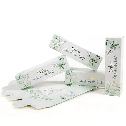 Logbuch-Verlag 10 Schön dass Du da bist Schachteln Gäste Geschenk Eukalyptus Verpackung 15 x 4 x 4 cm grün weiß gold