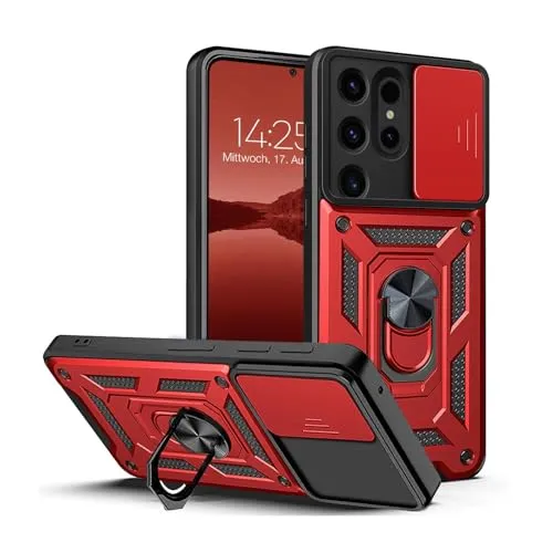 LBH Armor Hülle für Samsung Galaxy S24 Ultra Case mit Kameraschutz Outdoor Stoßfest Handyhülle 360 Grad Metal Ring Halter Ständer Schutzhülle für Handyhalterung Auto Magnet Rot