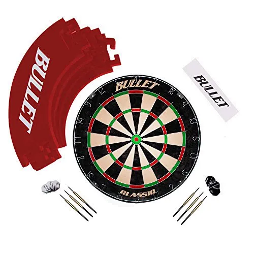 BULLET-Darts Steeldart Turnierset mit 6 Steel Dartpfeilen - Komplettes Dartscheiben-Set für Profi- und Hobby-Spieler. Hochwertige Materialien, inklusive Wurflinie und schützenden Surroundring für optimalen Spielkomfort.