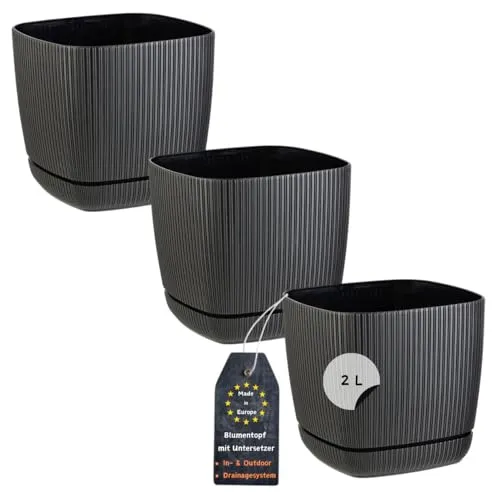 Engelland - 3 x Blumentopf mit Drainagesystem, Untersetzer, Farbe: Schwarz, Rillenoptik, Pflanz-Topf, Kübel, modern, Kunststoff, quadratisch, 15 x 15 cm, 2 Liter