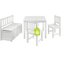 BOMI® Kindertisch mit 2 Stühlen und Spielzeugkiste | Kindertruhenbank aus Kiefernholz - Weiß - Die BOMI® Kindersitzgruppe Anna bietet mit einem integrierten Stauraum und einem Soft-Close-Mechanismus Sicherheit und Ordnung im Kinderzimmer. Ideal für Kinder von 36 Monaten bis 6 Jahren, aus nachhaltigem Kiefernholz gefertigt.