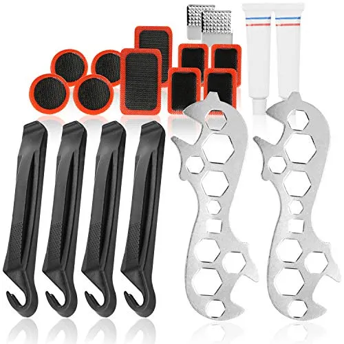 com-four® 20-teiliges Fahrradreparatur-Set, umfassendes Fahrradreifenflickzeug mit Reifenheber, Flicken, Kleber, Multi-Schraubenschlüssel und mehr (20-TLG)