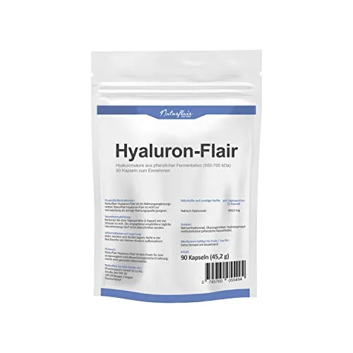 Hyaluronsäure Kapseln - Hochdosiert mit 400 mg. 90 Stück (3 Monate). Hyaluron aus Fermentation mit 500-700 kDa (mikro-molekular).