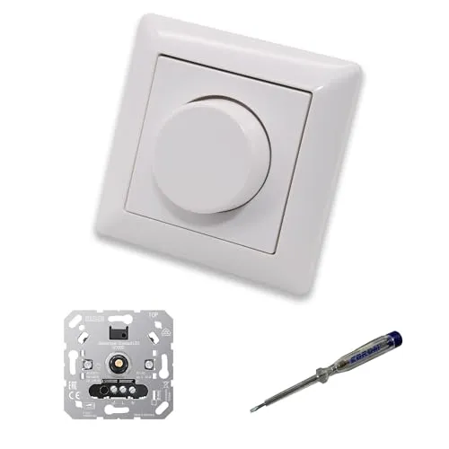 EBROM SET IDEE: JUNG 1730DD LED Drehdimmer LED-Dimmer mit Dimmerscheibe Zentralplatte A1740WW Einfachrahmen in alpinweiß glänzend inklusive EBROM Phasenprüfer zur Montage des Dimmers 1730 DD