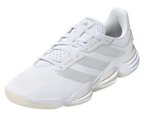 adidas Hallen-Indoorschuhe Stabil 16 Damen - Weiß/Silber, Größe 38 2/3 - Badmintonschuhe für Damen mit adidas BOOST Zwischensohle für optimalen Komfort und Energierückgabe, perfekt für Hallensportarten wie Handball und Volleyball.