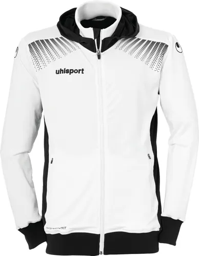 Uhlsport GOAL TEC Kapuzenjacke XXL in Weiß/Schwarz - Sportjacke mit atmungsaktivem, schweißableitendem Material für optimale Leistung beim Training oder Aufwärmen. Mit Kapuze und seitlichen Zipper-Taschen für zusätzlichen Stauraum.