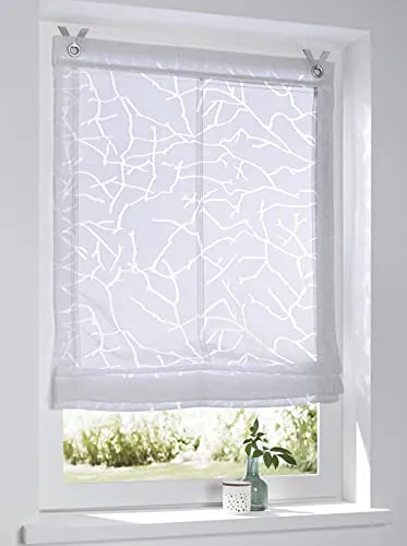 Raffrollo Jerry Weiss mit Ösen, 100/140 cm - Hochwertiges Ösenraffrollo aus 65% Baumwolle und 35% Polyester, halbtransparent und waschbar bei 30°C. Einfache Montage ohne Schrauben – ideal für jeden Raum!