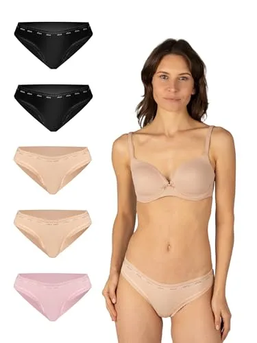 Elsie Lace Damen String Tanga 5er Pack – Baumwolle mit Stretch, Bequeme Unterhosen für Frauen mit elastischem Bund (DE/NL/SE/PL, Alphanumerisch, L, Regular, Regular, 2X Schwarz 2X Beige 1x Rosa)