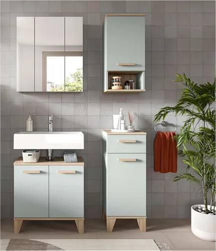 Mid.you Badezimmer Set - Eiche Hellgrün, 4-teilig mit 9 Fächern - Praktisches 4-teiliges Badezimmer Set in Eiche Hellgrün mit 9 Fächern und 1 Schublade. Ideal für eine stilvolle und funktionale Gestaltung Ihres Badezimmers. FSC Mix zertifiziert für nachhaltige Qualität.